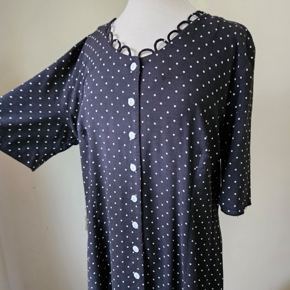 Vtg 90s Debra Martin Polka Dot Dress Button Front Scalloped Neck Lace Up Back 14 - Picture 3 of 8
